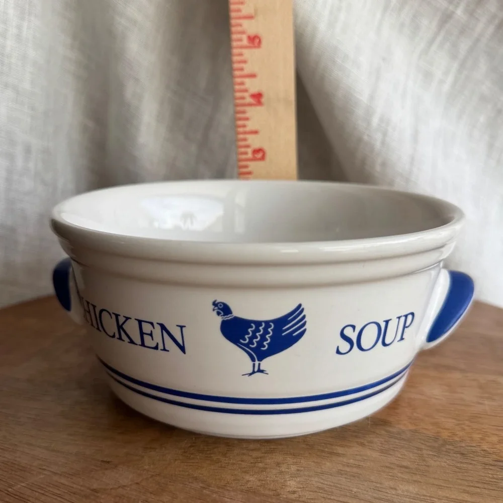 Vintage 1985 FTDA Chicken Soup Bowl with‎ Handles Blue White Ceramic Farmhouse